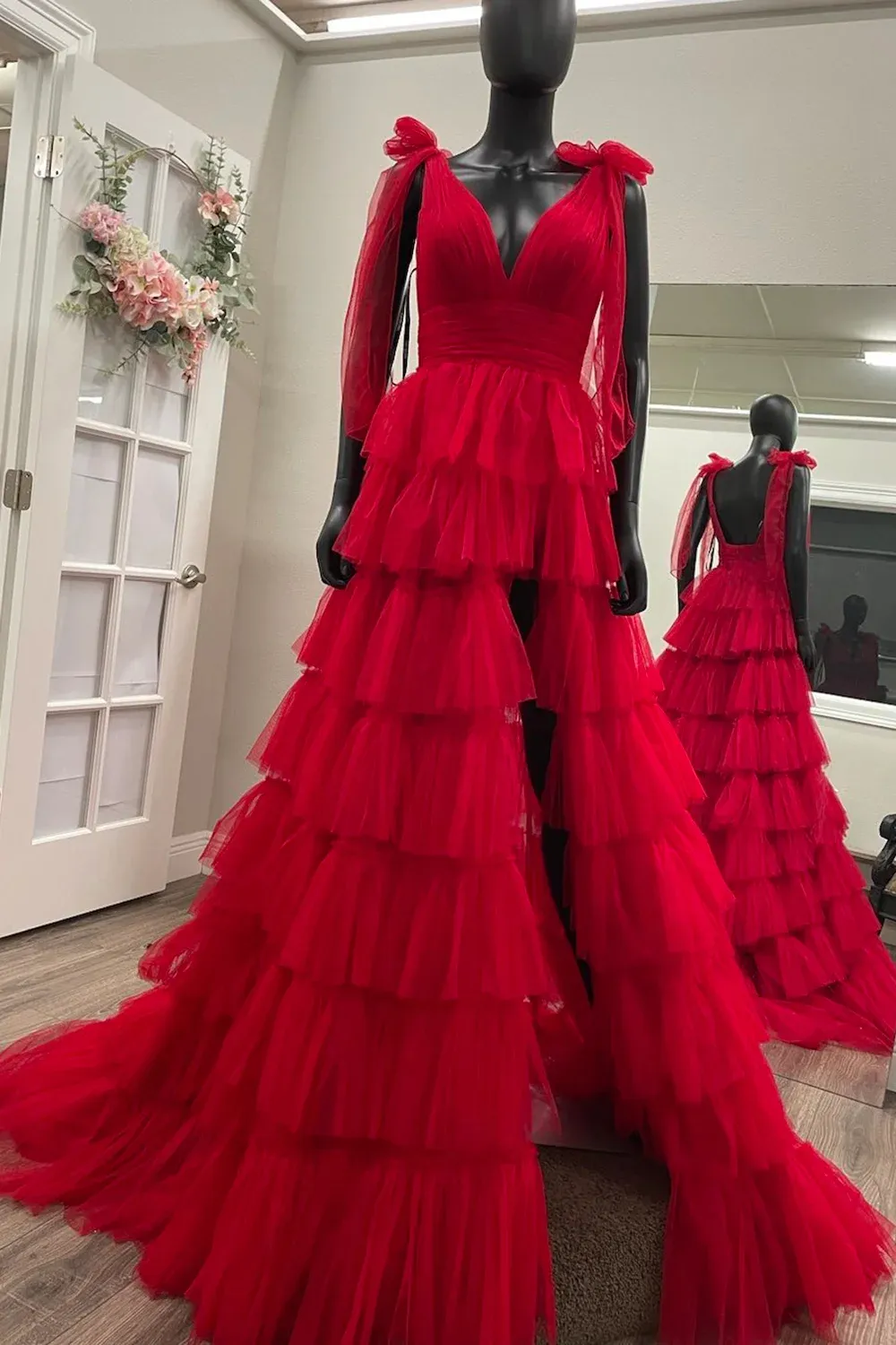 kamahe Red Long Prom Dress Princess A Line V Neck Party Evening Dress with Ruffles