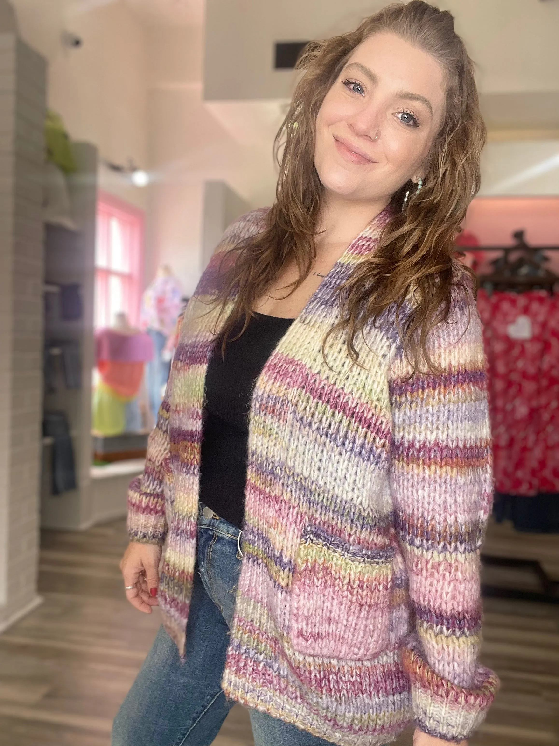 Lara Striped Knit Cardigan Mauve