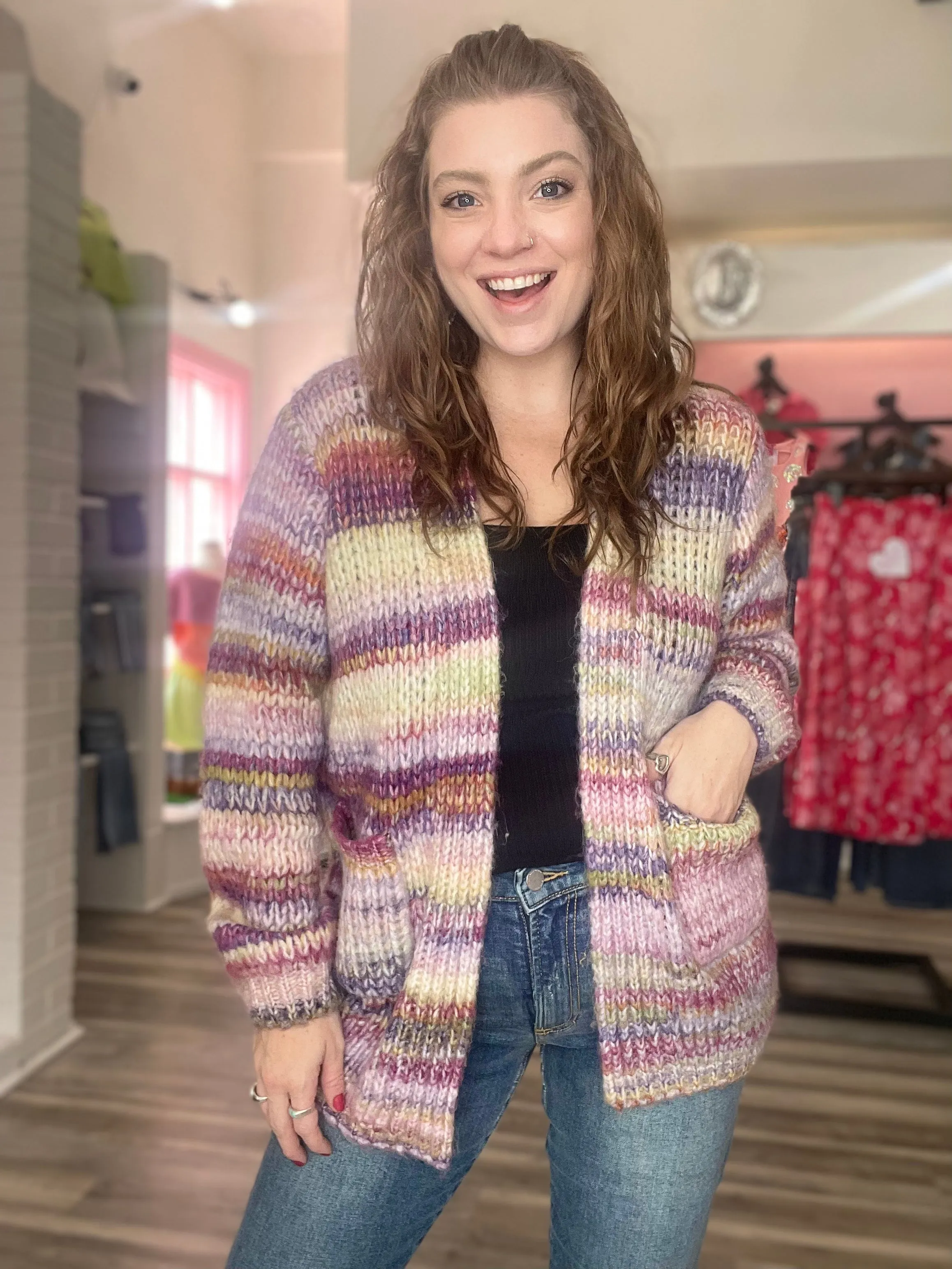 Lara Striped Knit Cardigan Mauve