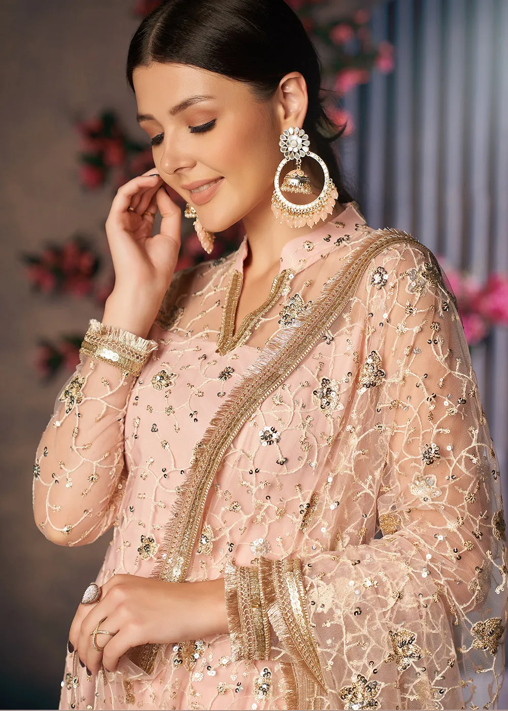 Light Peach All Over Thread Work Net Churidar Suit