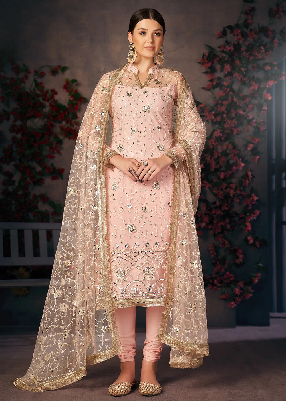 Light Peach All Over Thread Work Net Churidar Suit