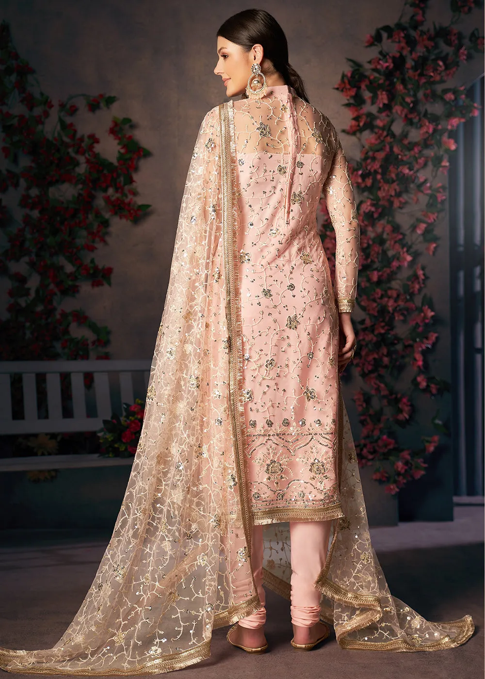 Light Peach All Over Thread Work Net Churidar Suit