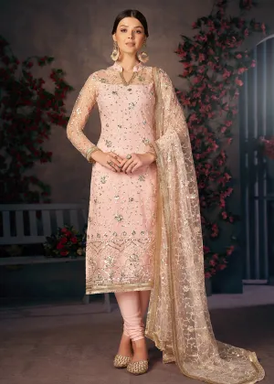 Light Peach All Over Thread Work Net Churidar Suit