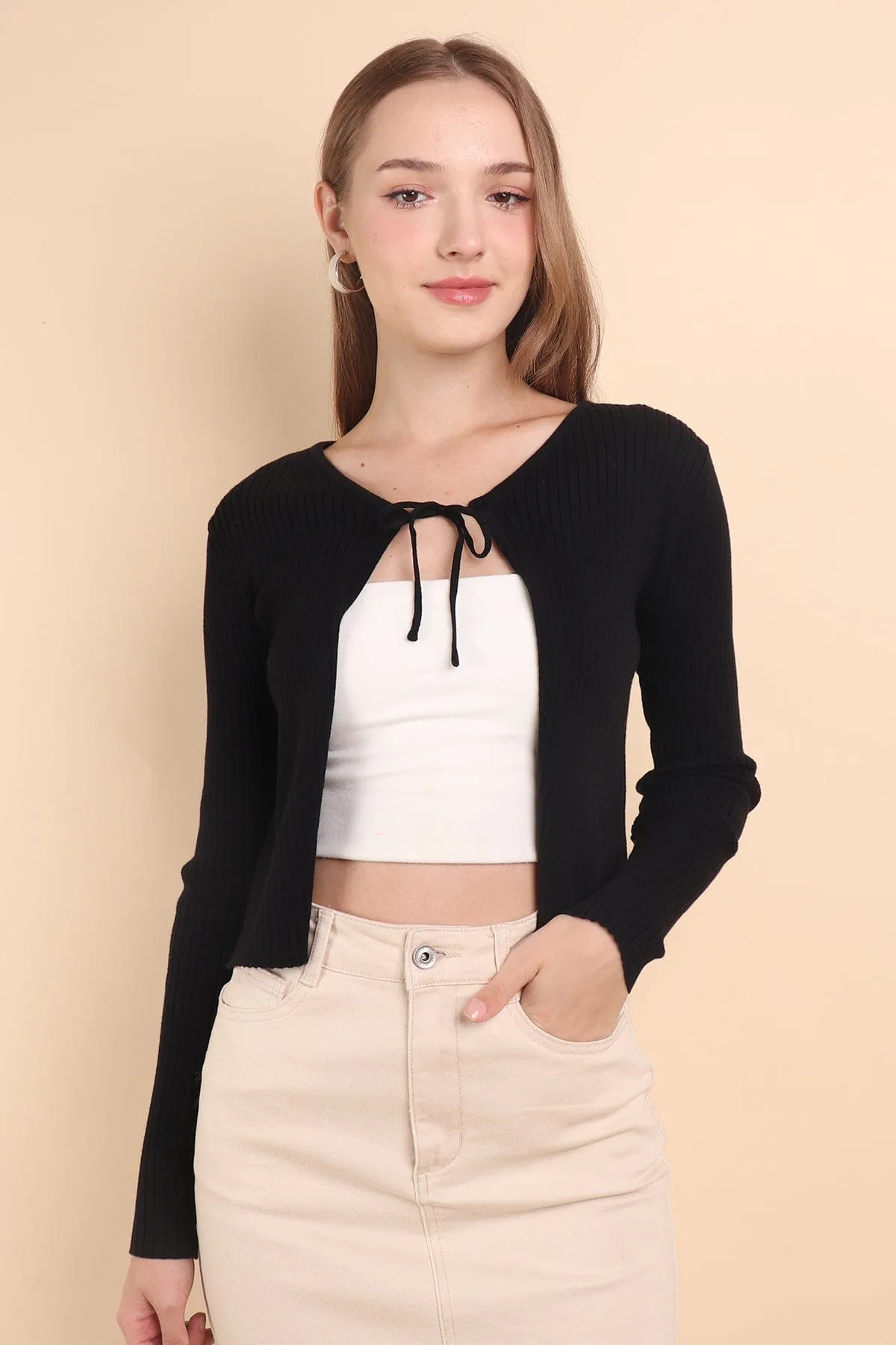 LIORA TIE-KNOT CARDIGAN IN BLACK