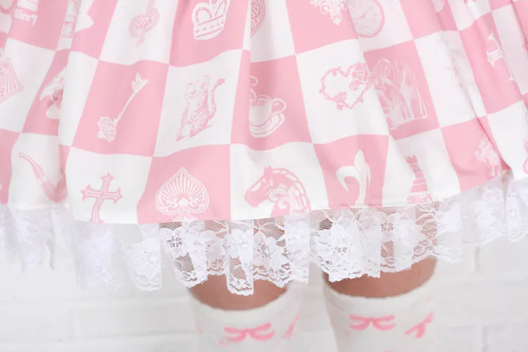 Lolita Sweet Pink Princess Alice Chess Grid Printed Girl's Pleated Lolita Skirt with Chain