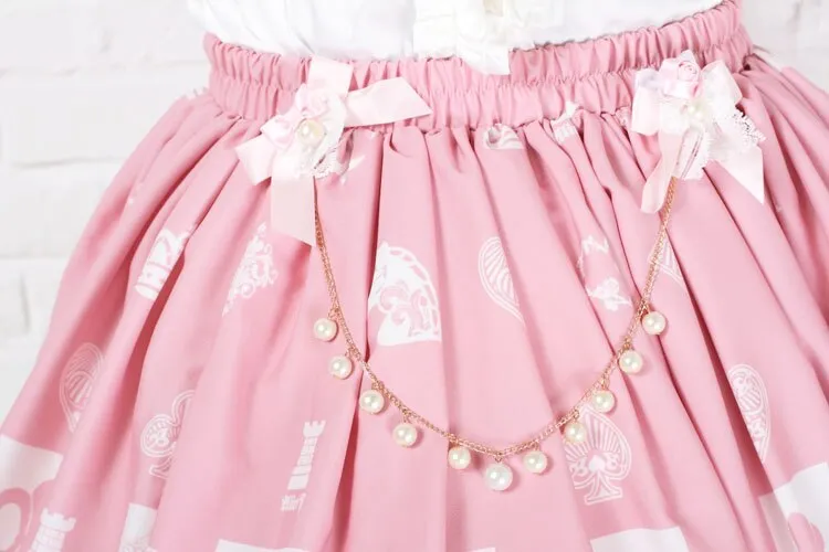 Lolita Sweet Pink Princess Alice Chess Grid Printed Girl's Pleated Lolita Skirt with Chain