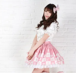 Lolita Sweet Pink Princess Alice Chess Grid Printed Girl's Pleated Lolita Skirt with Chain