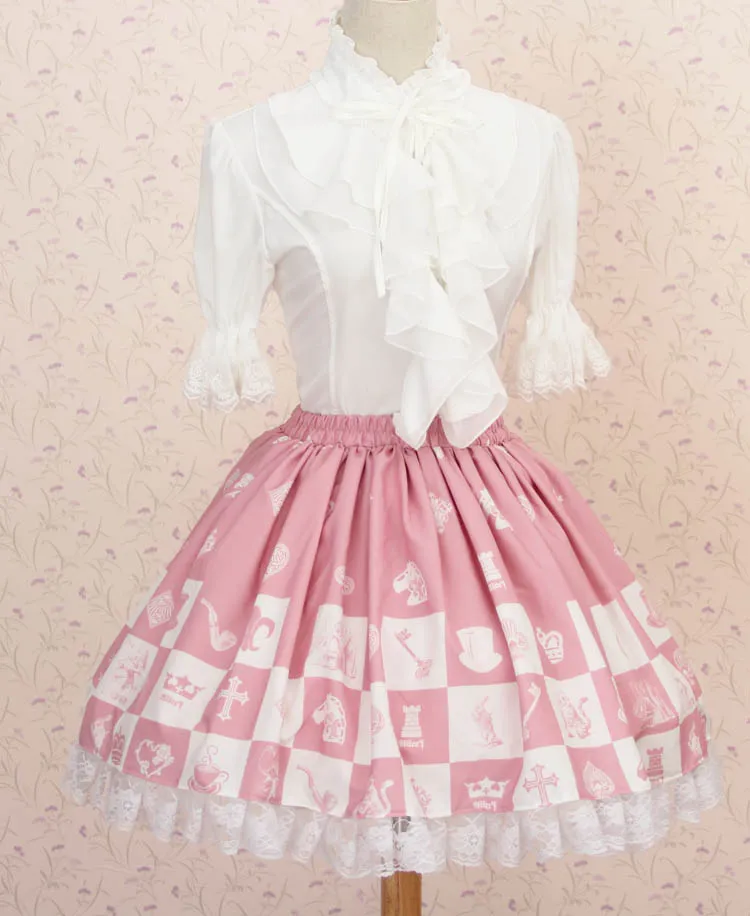 Lolita Sweet Pink Princess Alice Chess Grid Printed Girl's Pleated Lolita Skirt with Chain