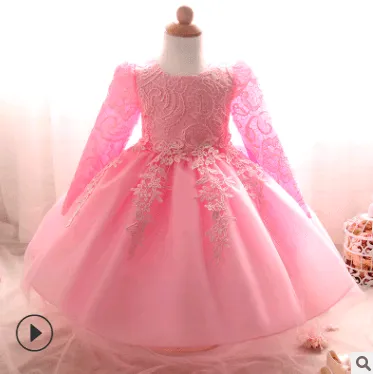 Long-sleeved girls dress rose children's wedding dress skirt