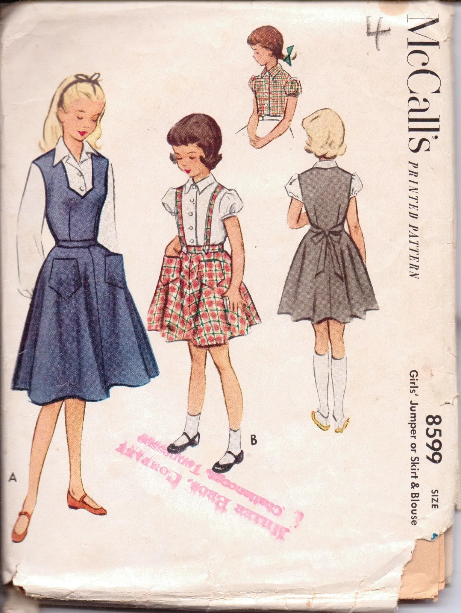 McCall's 8599 Little Girls Jumper Dress Blouse Suspender Skirt Vintage 1950's Sewing Pattern