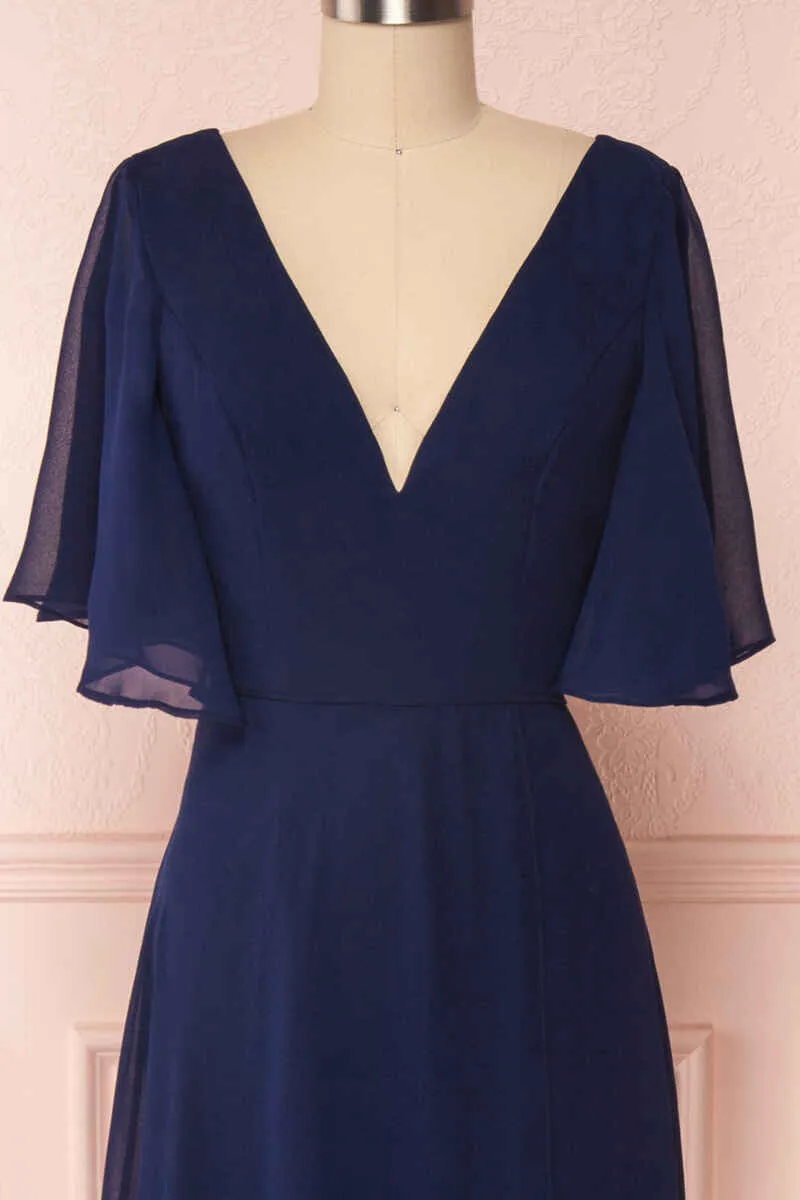 Navy Blue Chiffon V-Neck Ruffled Sleeve Long Bridesmaid Dress