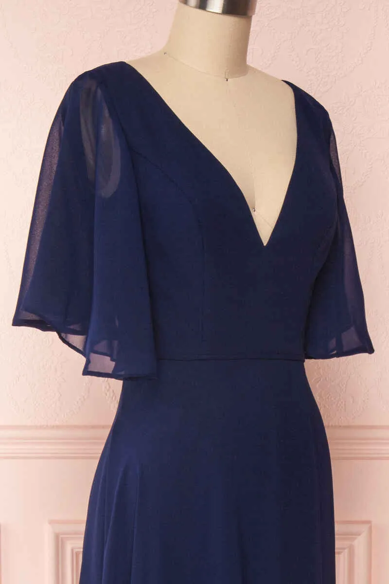 Navy Blue Chiffon V-Neck Ruffled Sleeve Long Bridesmaid Dress