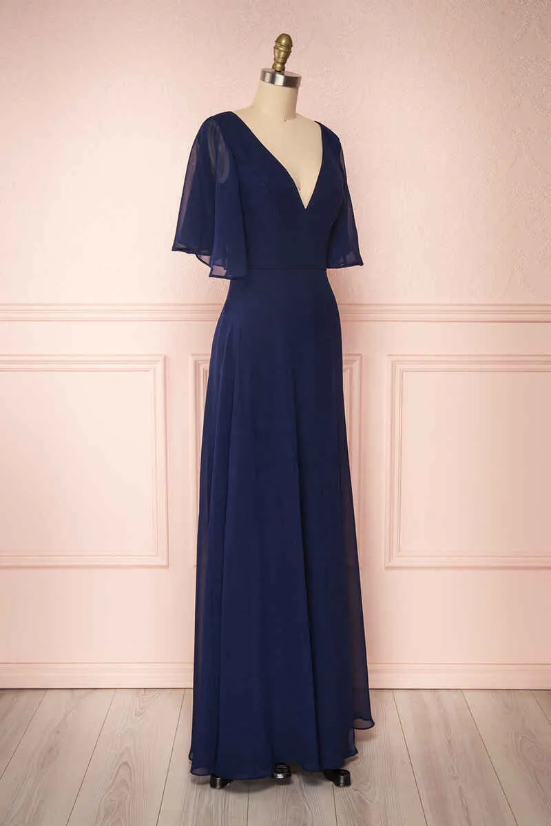 Navy Blue Chiffon V-Neck Ruffled Sleeve Long Bridesmaid Dress