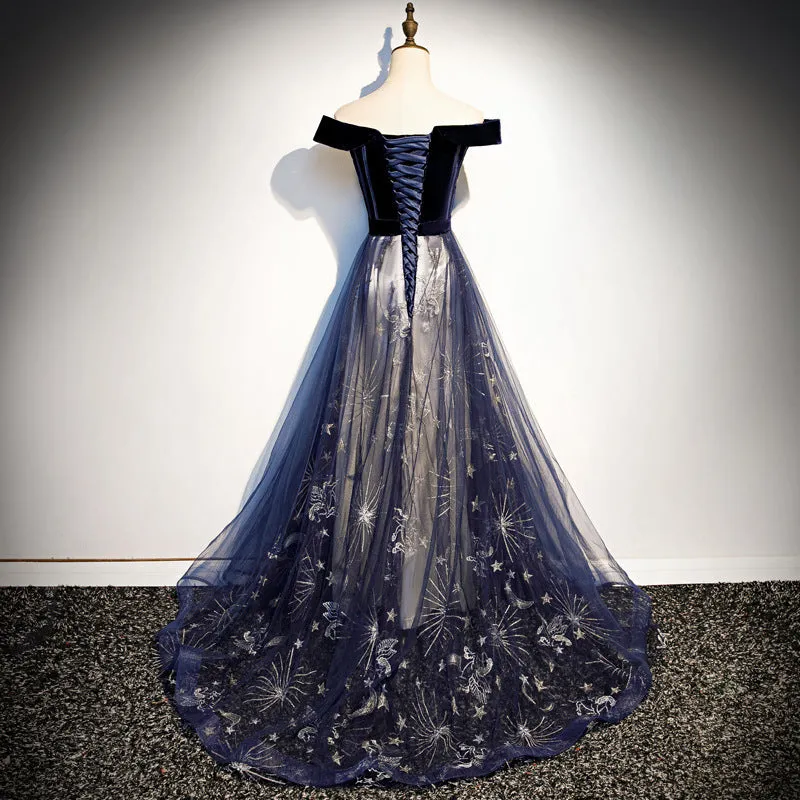 Navy Blue Tulle Off Shoulder Velvet Top Long Party Dress, Blue Evening Dress Prom Dress