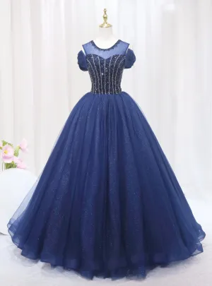 Navy Blue Tulle Sequins Beading Bow Prom Dress