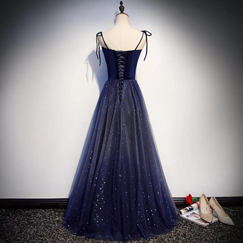 Navy Blue Tulle Straps Long Velvet Party Dress, Blue Prom Dress