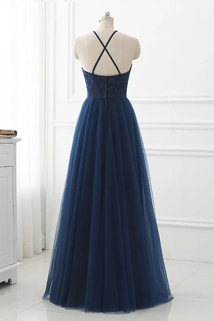 Navy Blue Tulle with Lace Applique Long Party Dress, Blue Prom Dress