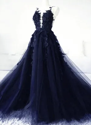 Navy Blue Tulle with Lace Applique Party Dress, Navy Blue Tulle Prom Dress