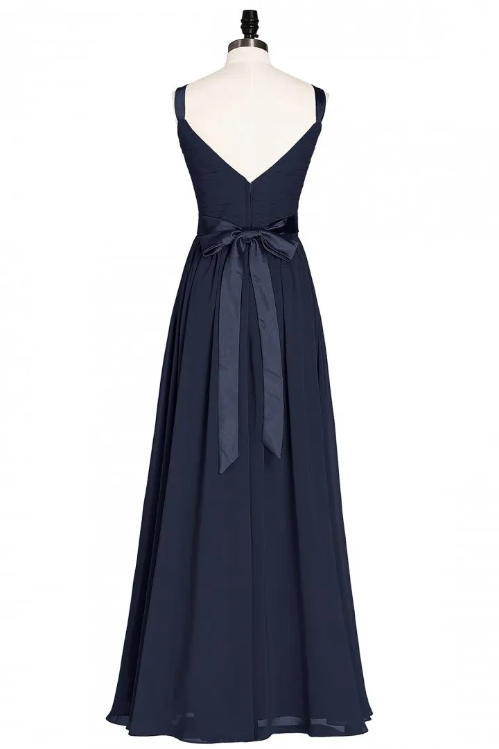 Navy Blue V-Neck Tie-Back A-Line Long Bridesmaid Dress