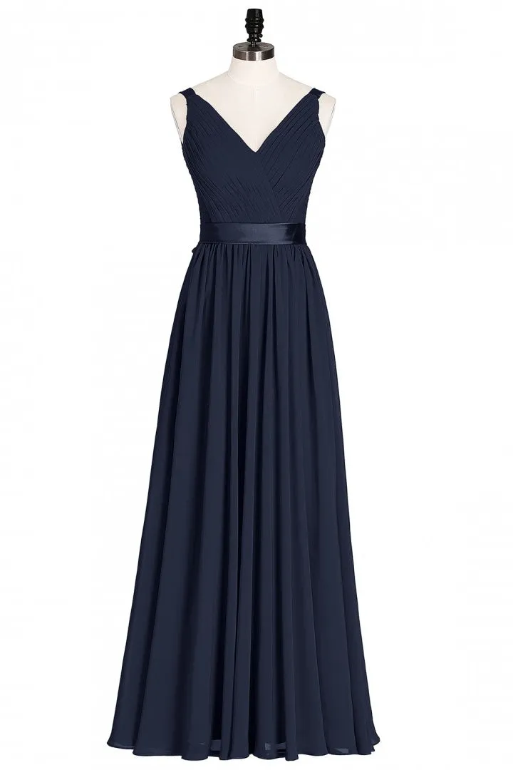 Navy Blue V-Neck Tie-Back A-Line Long Bridesmaid Dress