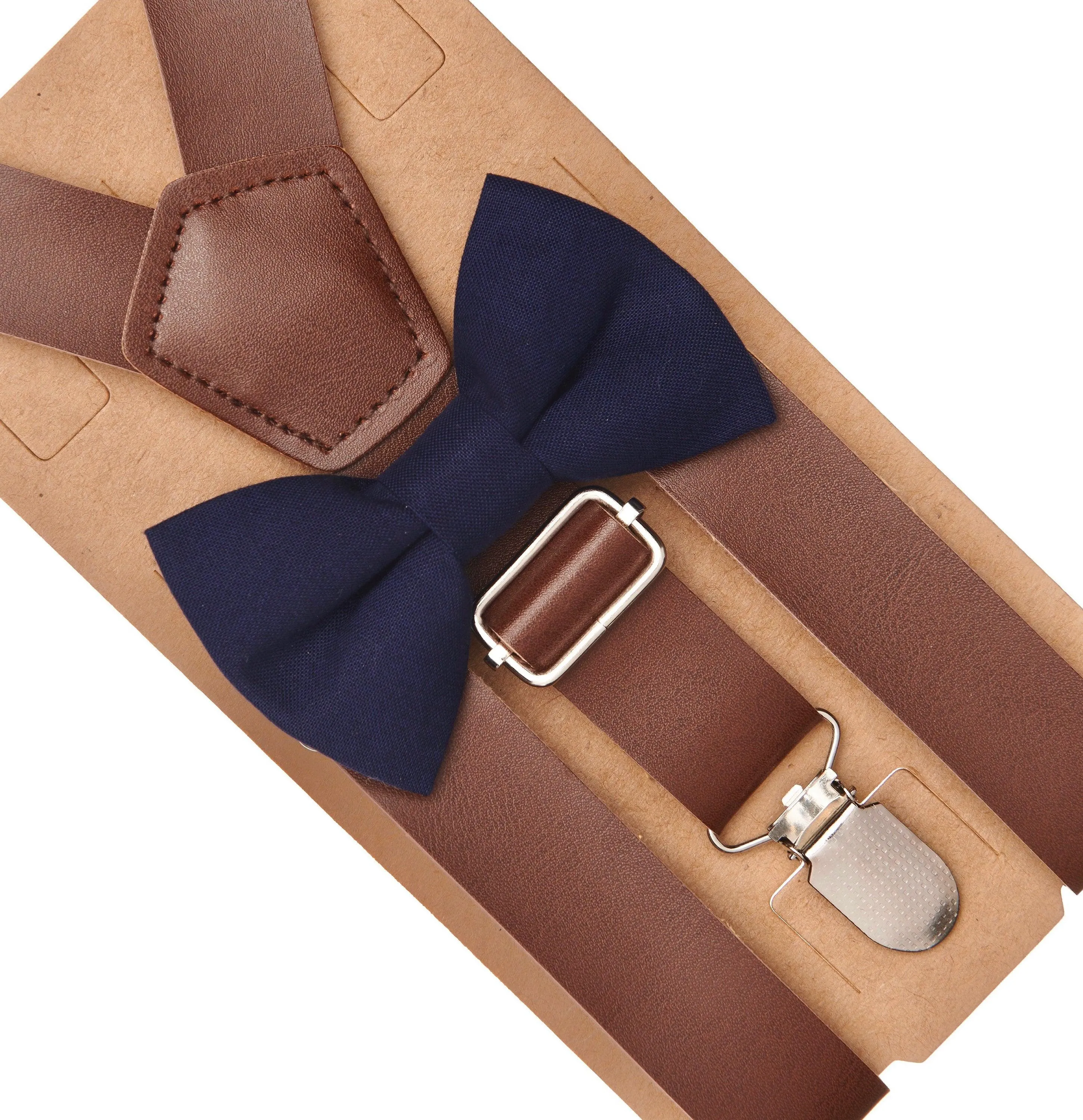 Navy Cotton Bow Tie & Dark Brown Vegan Leather Suspenders Set