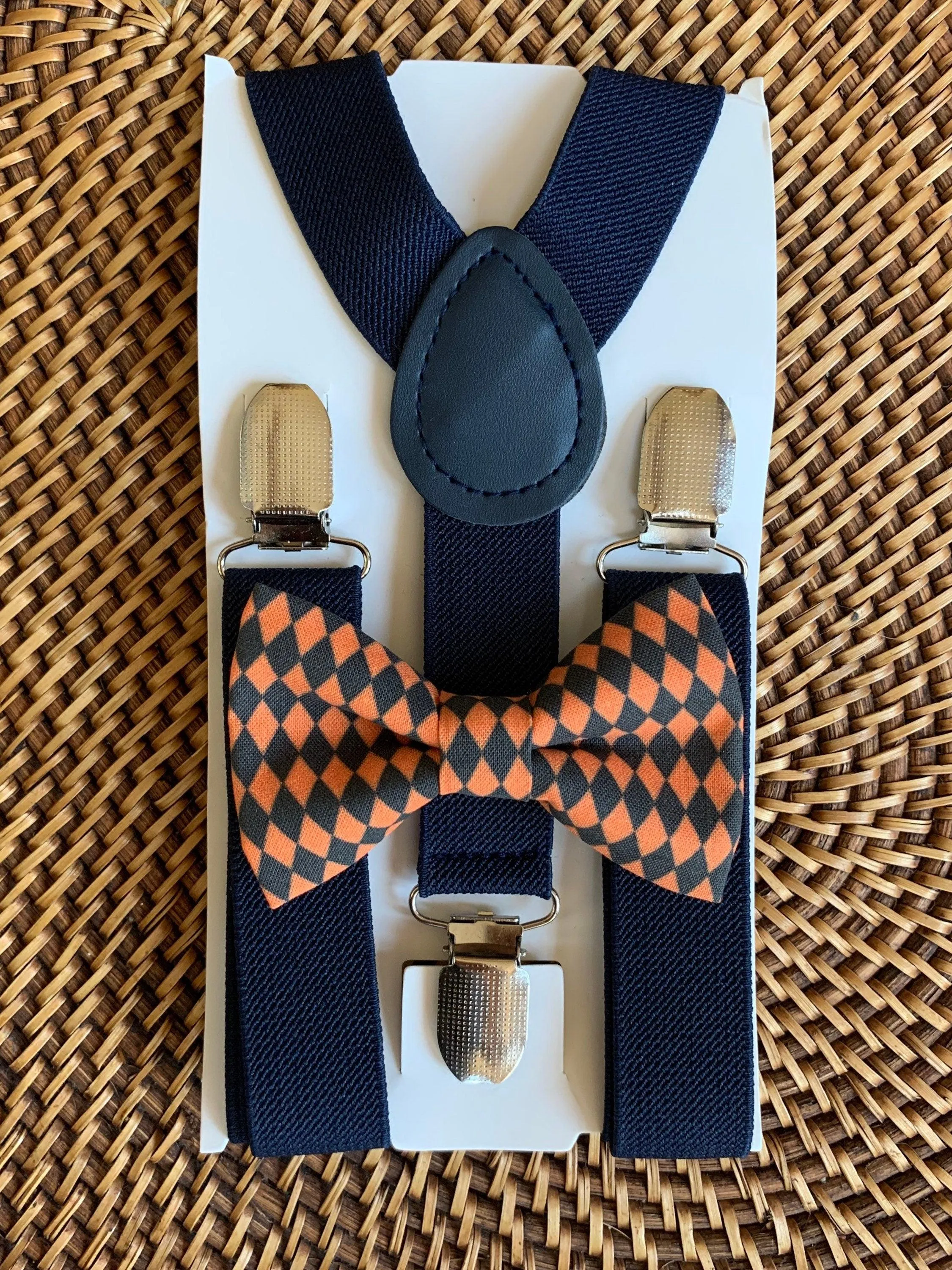 Orange & Black Diamond Bow Tie & Navy Suspenders Set