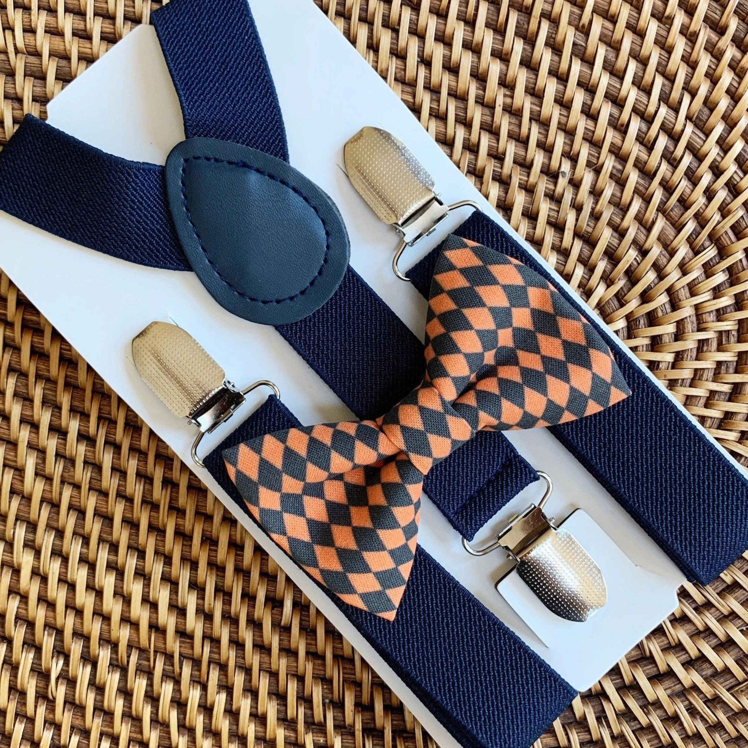 Orange & Black Diamond Bow Tie & Navy Suspenders Set