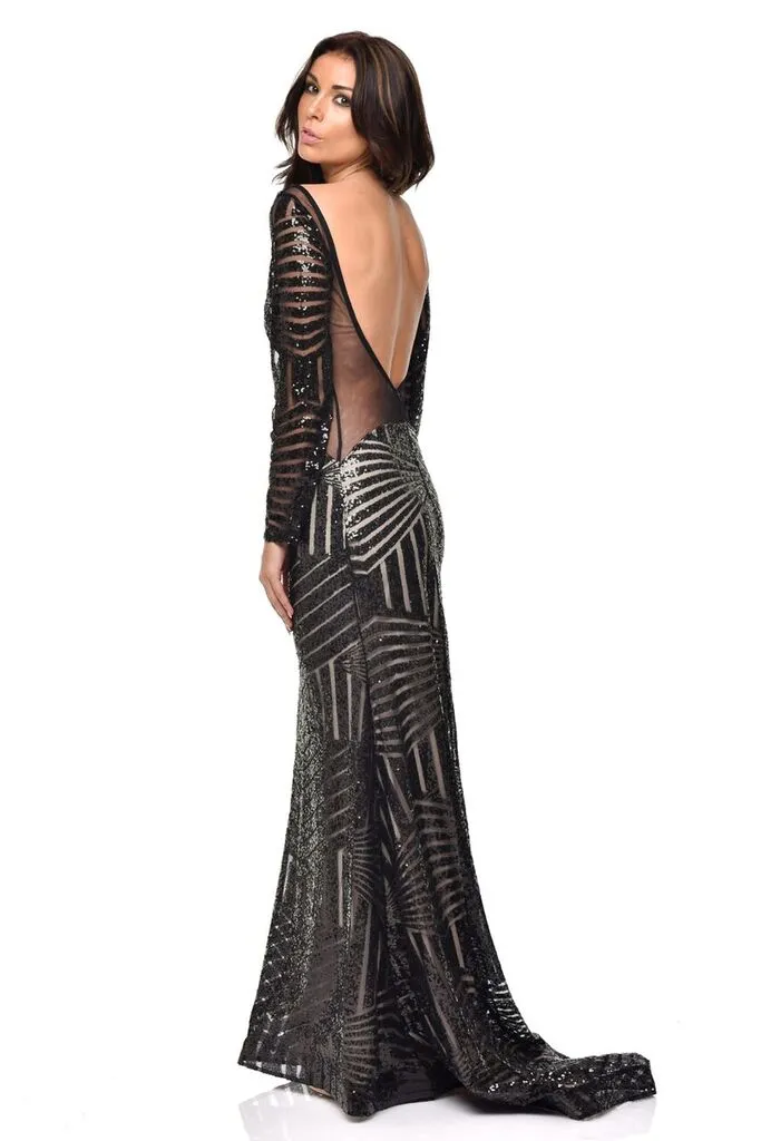 Penelope Black Geometric Sequin Backless Mesh Fishtail Maxi Dress