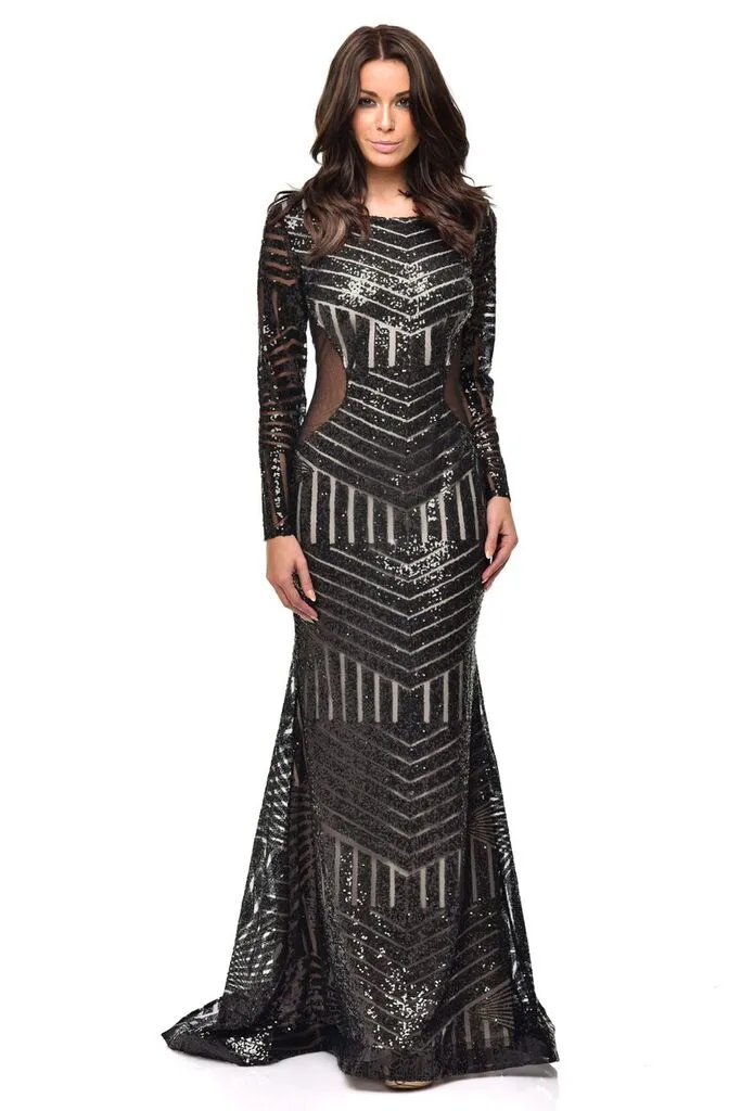 Penelope Black Geometric Sequin Backless Mesh Fishtail Maxi Dress