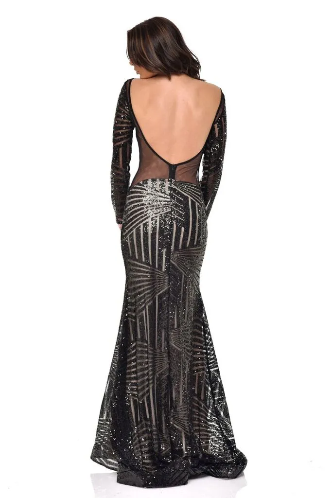 Penelope Black Geometric Sequin Backless Mesh Fishtail Maxi Dress