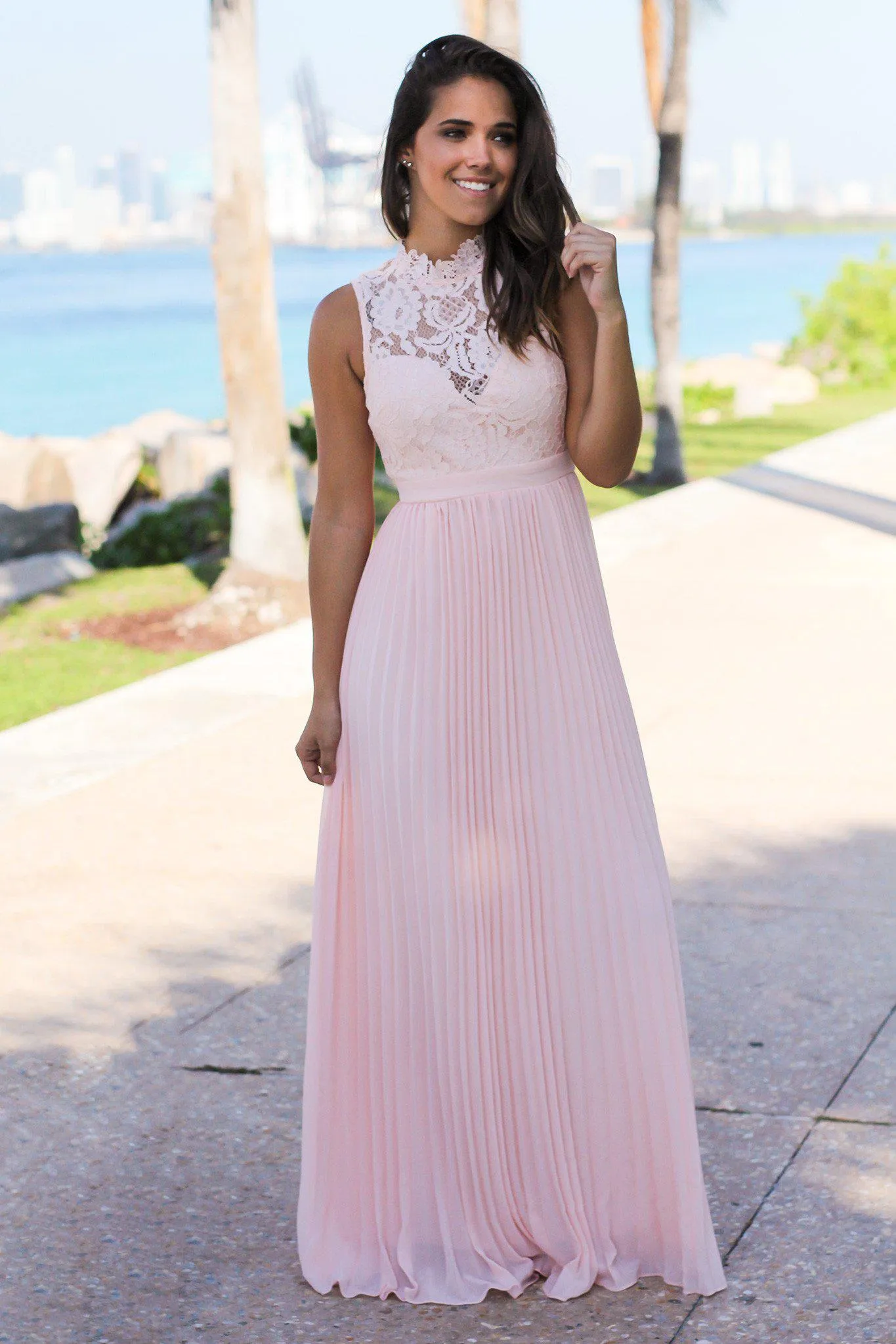 Pink Lace Maxi Dress with Pleated Skirt