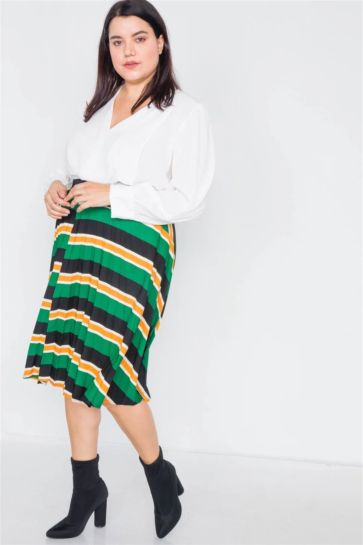 Plus Size Green Multi Stripe Pleated Midi Skirt