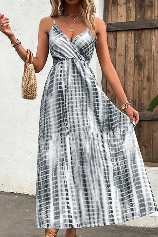 Printed V-neck With Suspenders Maxi Dress