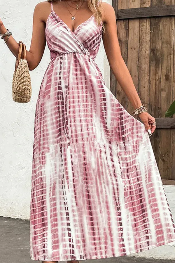 Printed V-neck With Suspenders Maxi Dress