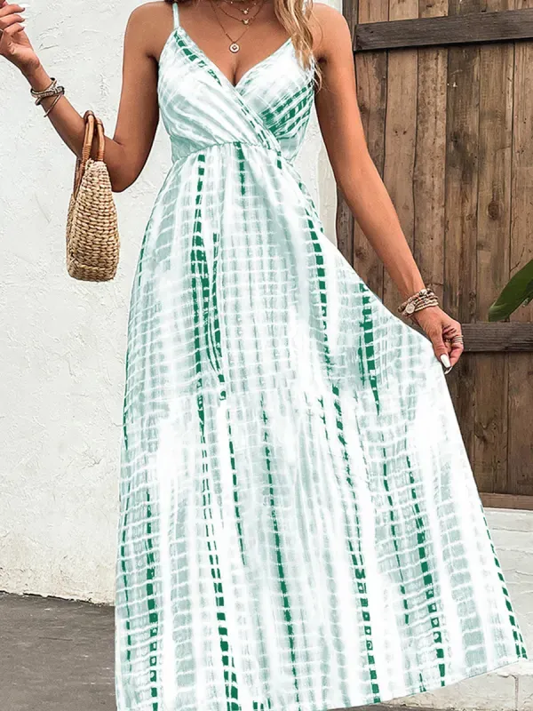 Printed V-neck With Suspenders Maxi Dress