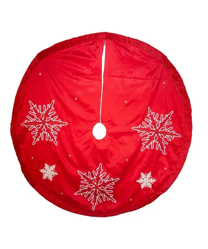 Red Snowflake Embroidered and Pleated Tree Skirt, IN1349, Kurt Adler