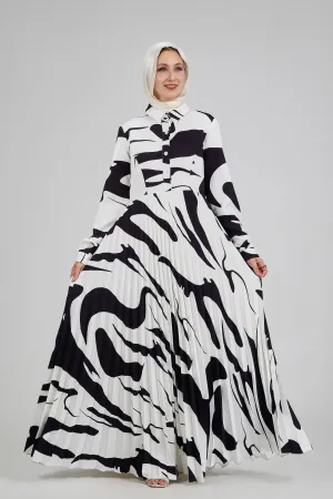 Samira Monochrome Brushstroke Print Pleated Maxi Dress