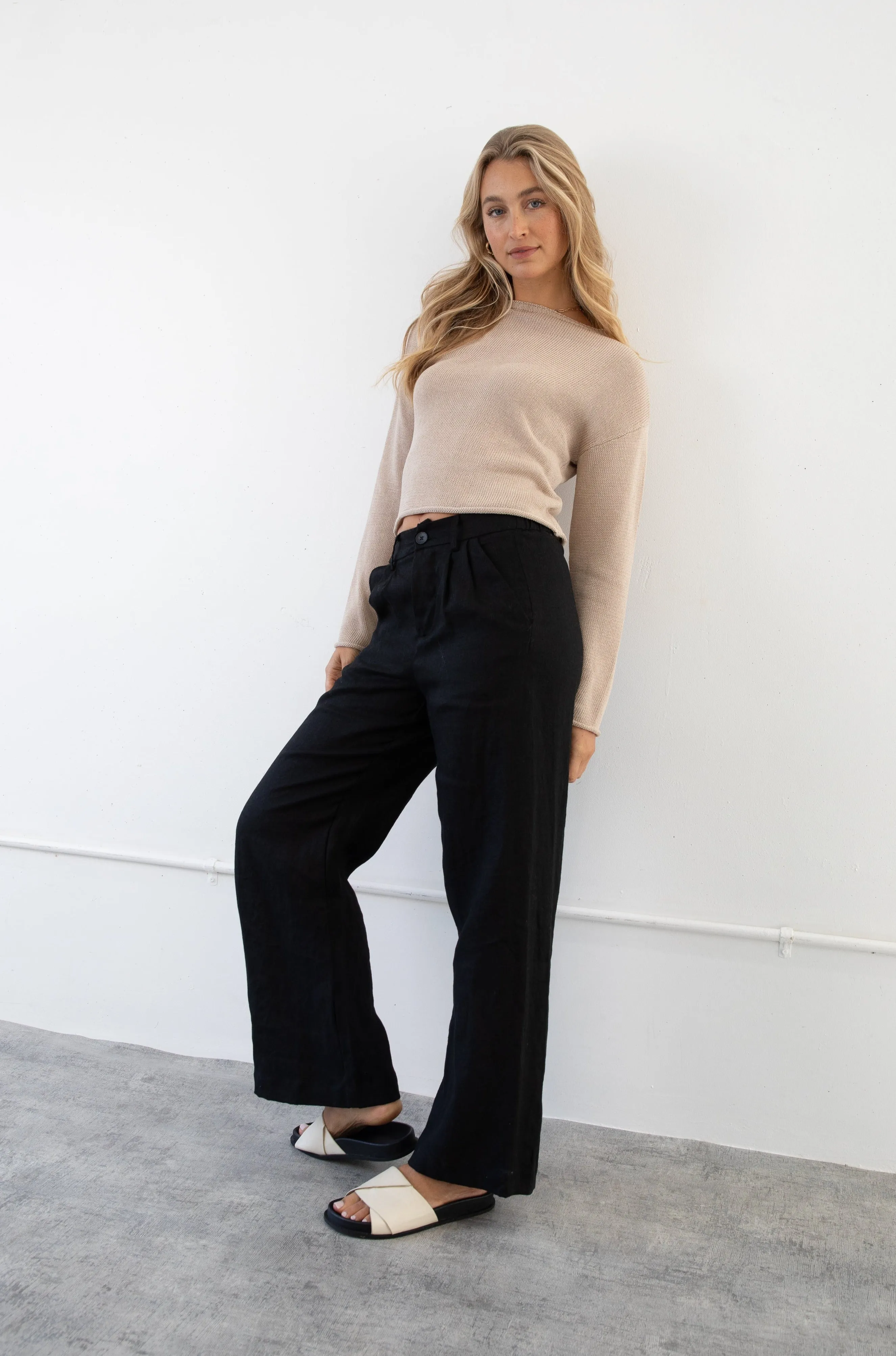 SAWYER WIDE LEG LINEN PANT - BLACK