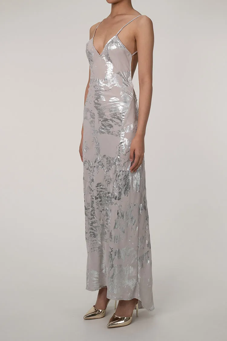 Shimmering Metallic Foil V Neck Spaghetti Strap Backless Evening Maxi Dress