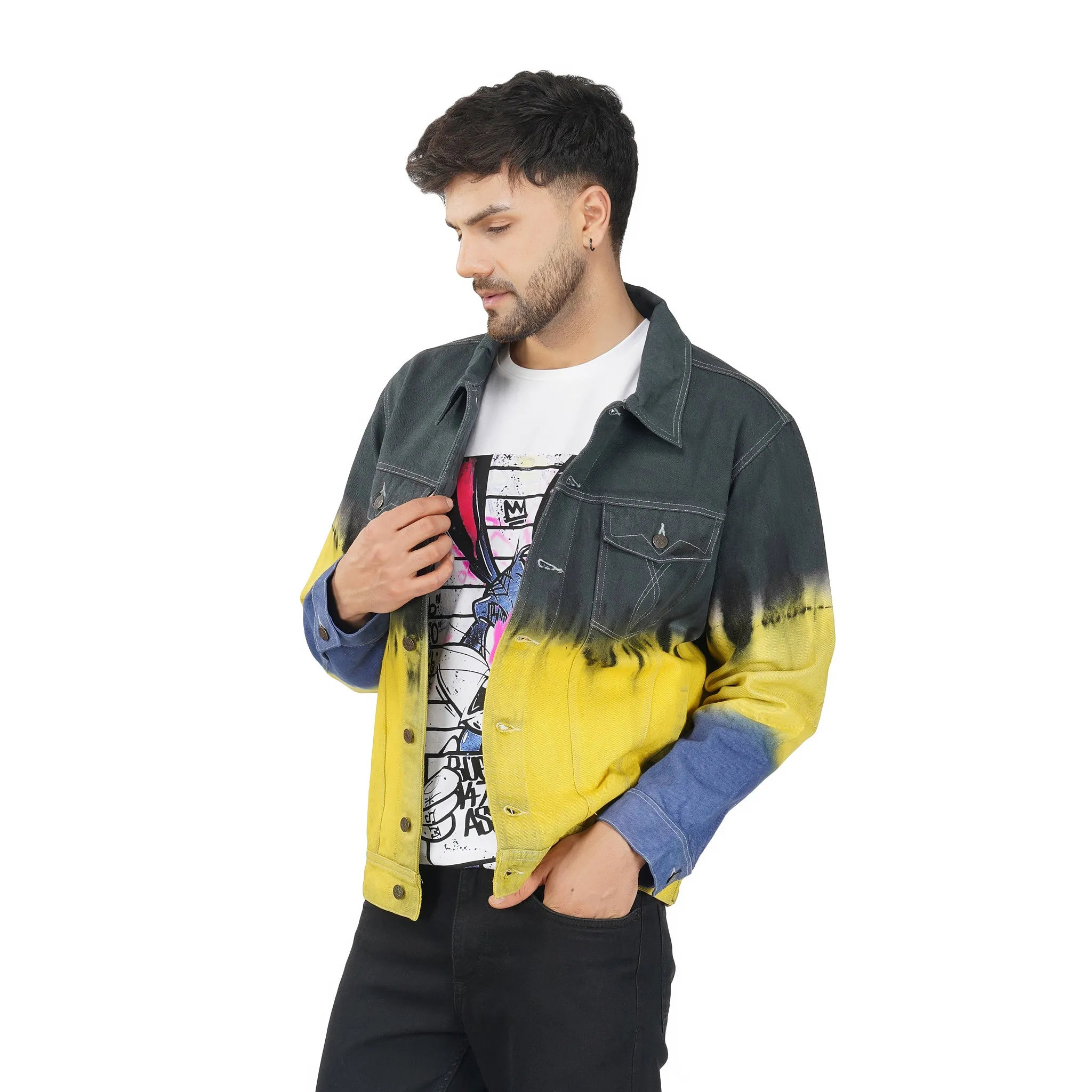 SLAY. Men's Black Yellow Blue Tie Dye Button-Down Ripped Denim Jacket