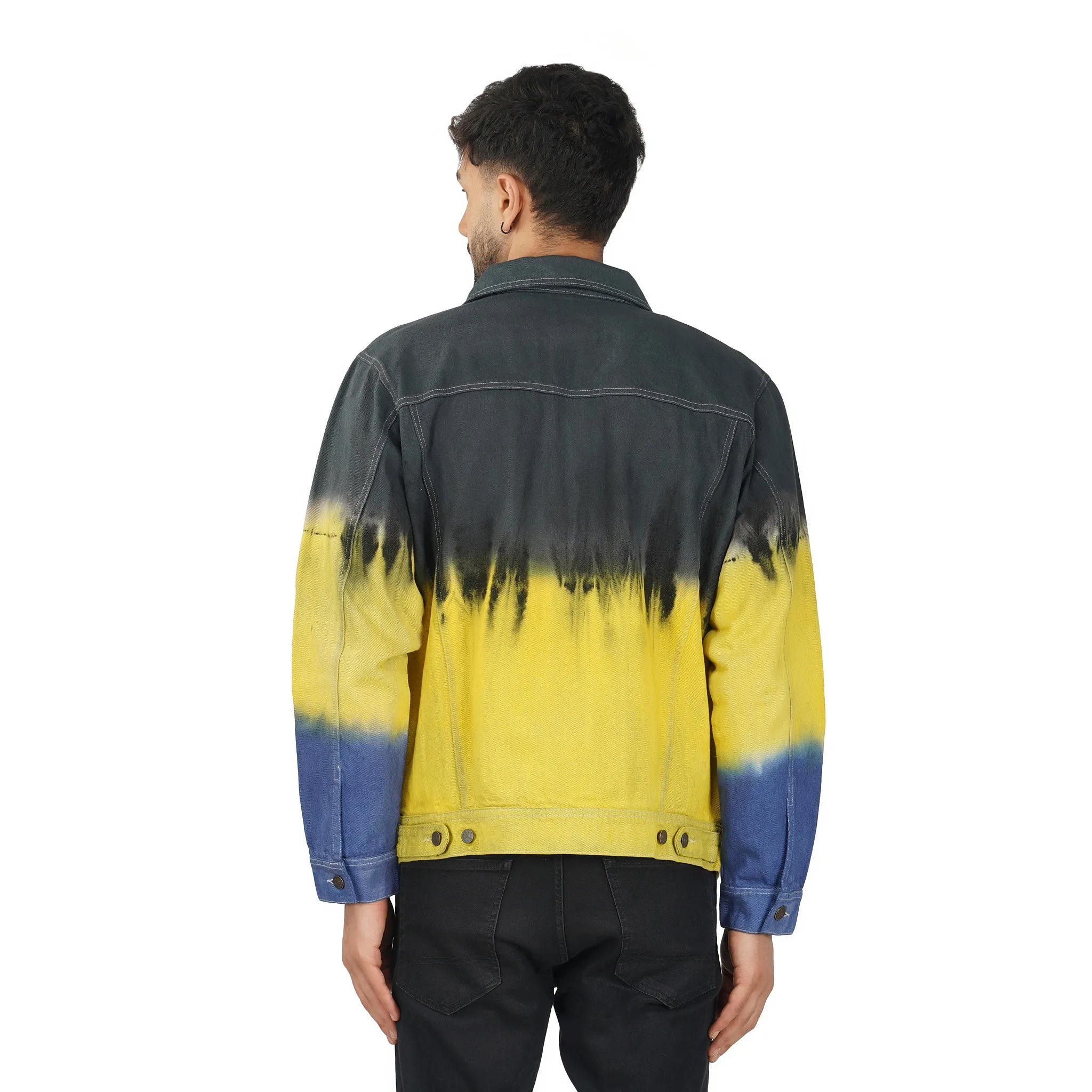 SLAY. Men's Black Yellow Blue Tie Dye Button-Down Ripped Denim Jacket