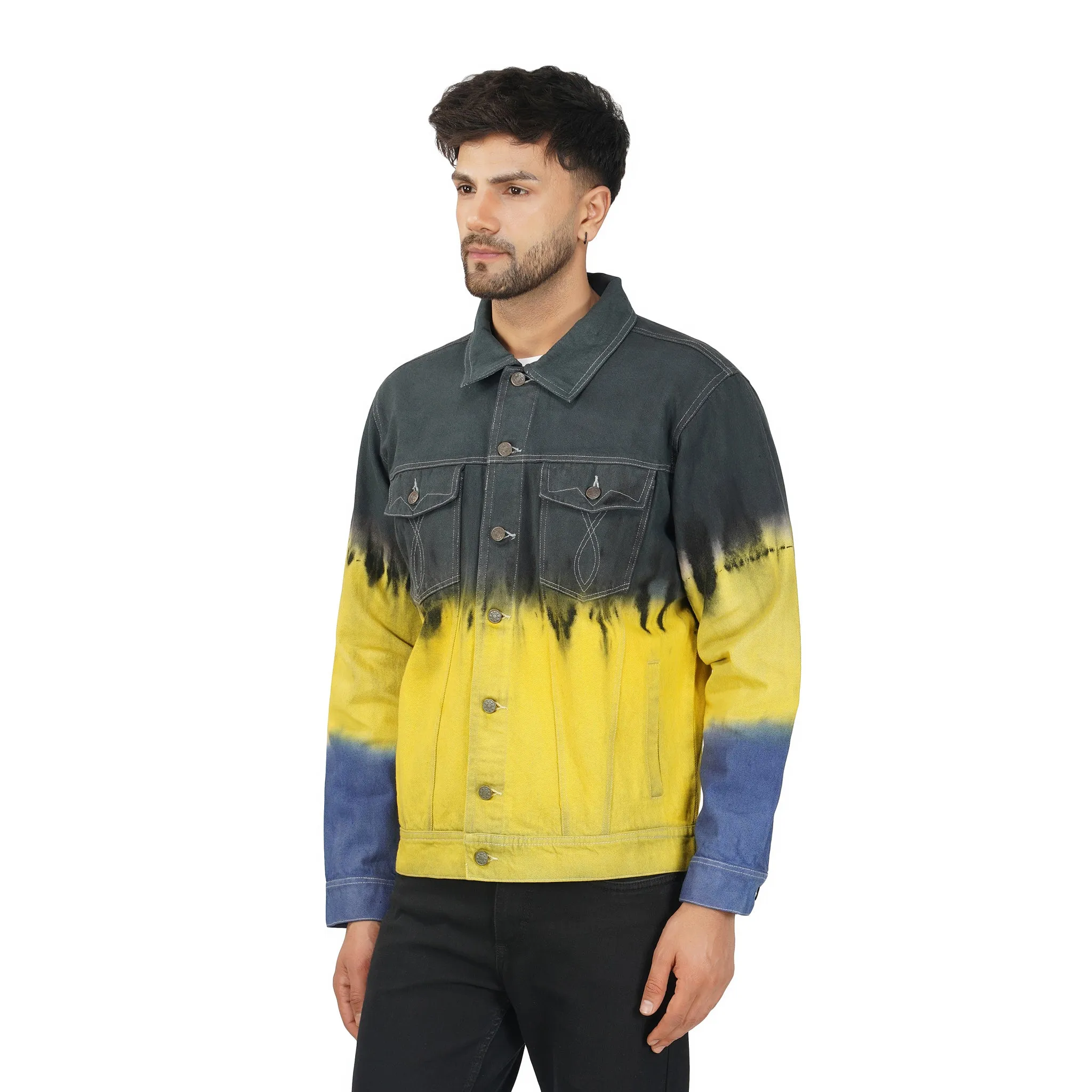 SLAY. Men's Black Yellow Blue Tie Dye Button-Down Ripped Denim Jacket