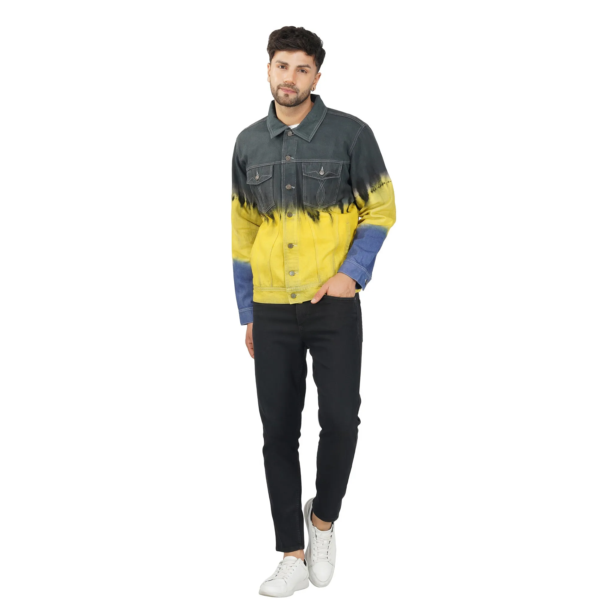 SLAY. Men's Black Yellow Blue Tie Dye Button-Down Ripped Denim Jacket