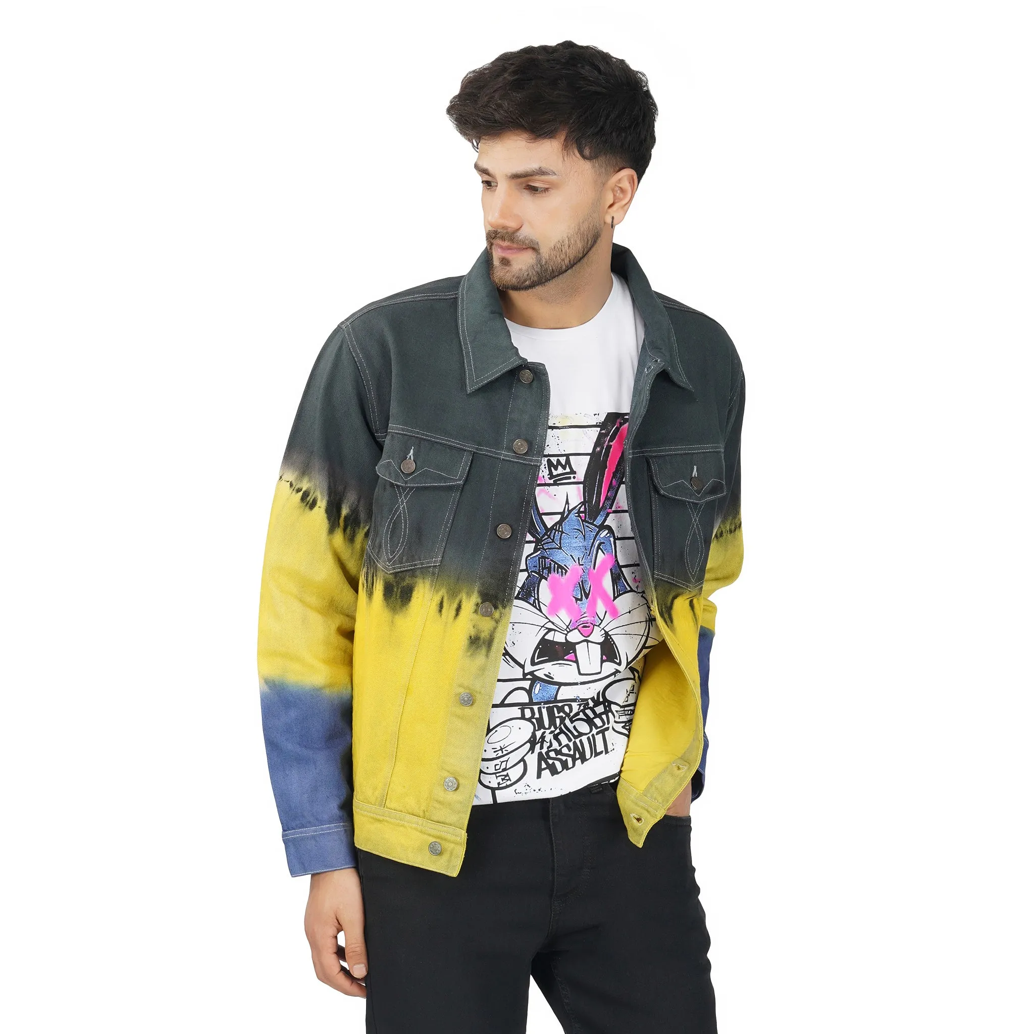 SLAY. Men's Black Yellow Blue Tie Dye Button-Down Ripped Denim Jacket