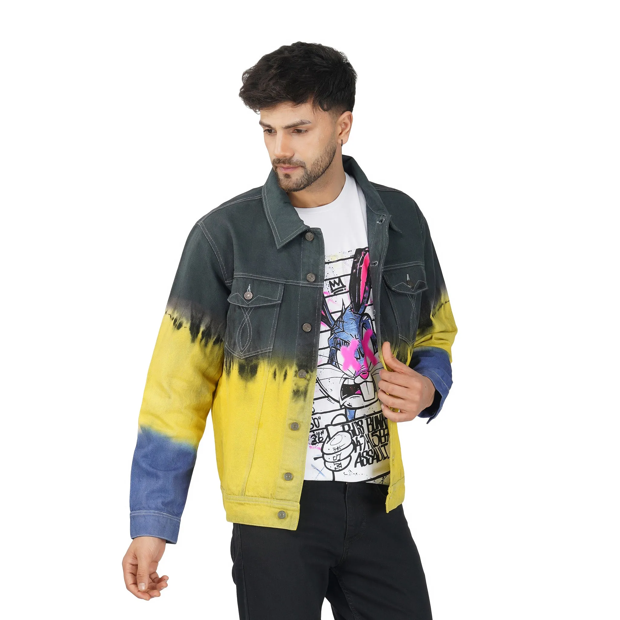 SLAY. Men's Black Yellow Blue Tie Dye Button-Down Ripped Denim Jacket