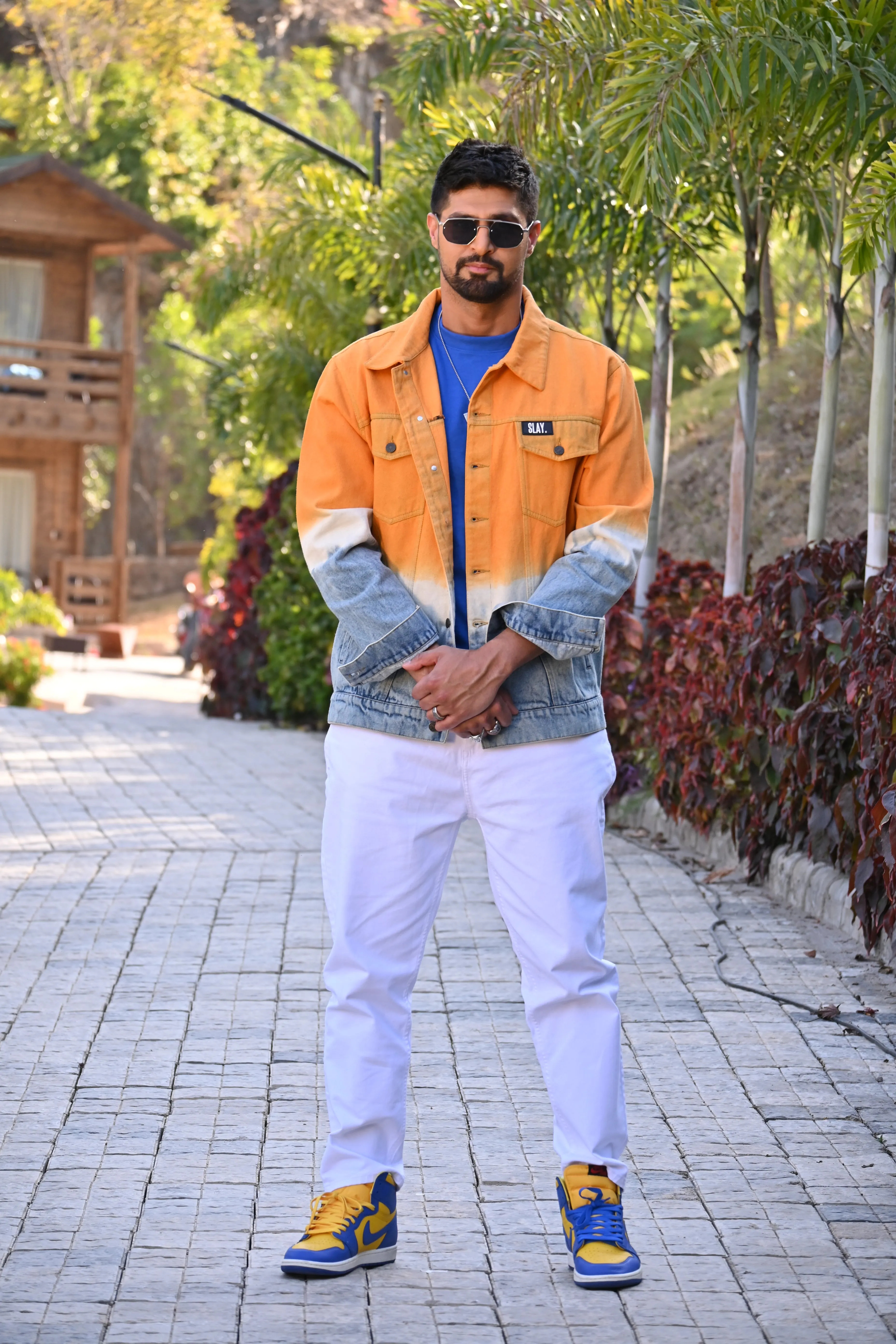 SLAY. Men's Orange White Blue Tie Dye Button-Down Ripped Denim Jacket