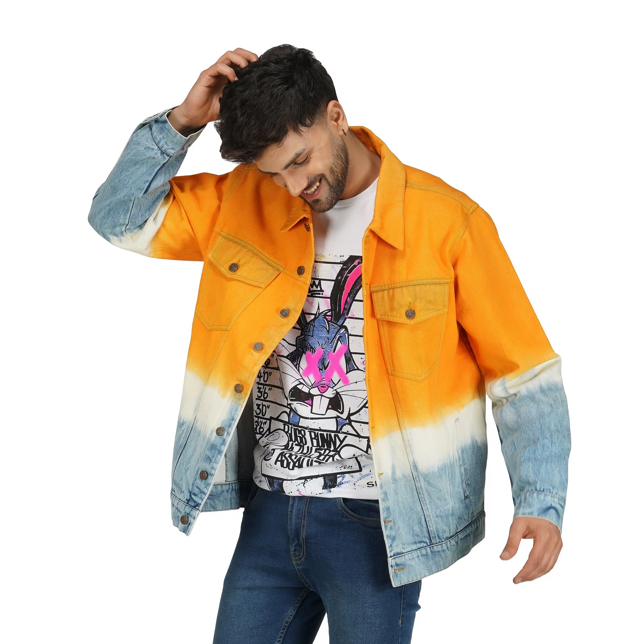 SLAY. Men's Orange White Blue Tie Dye Button-Down Ripped Denim Jacket