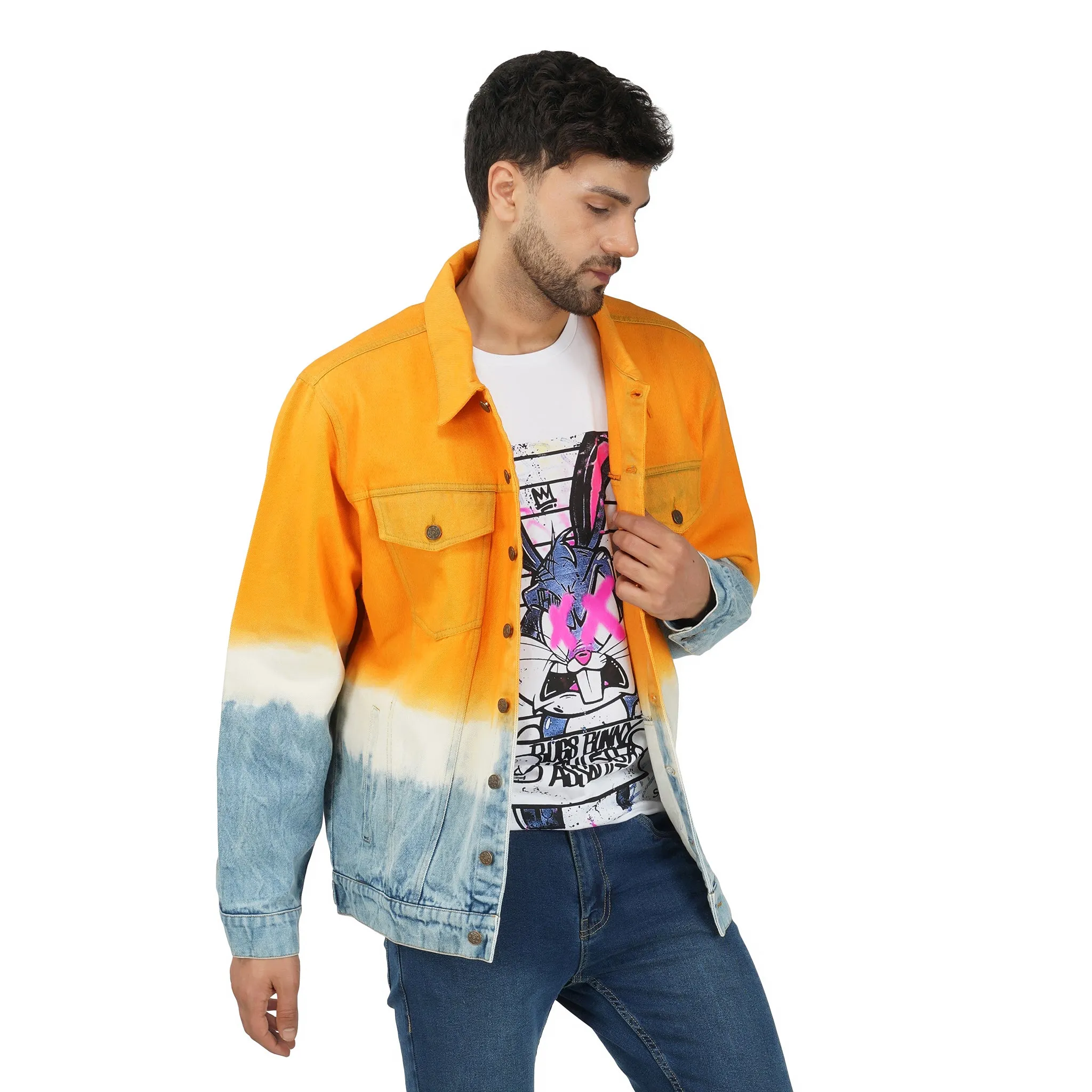 SLAY. Men's Orange White Blue Tie Dye Button-Down Ripped Denim Jacket