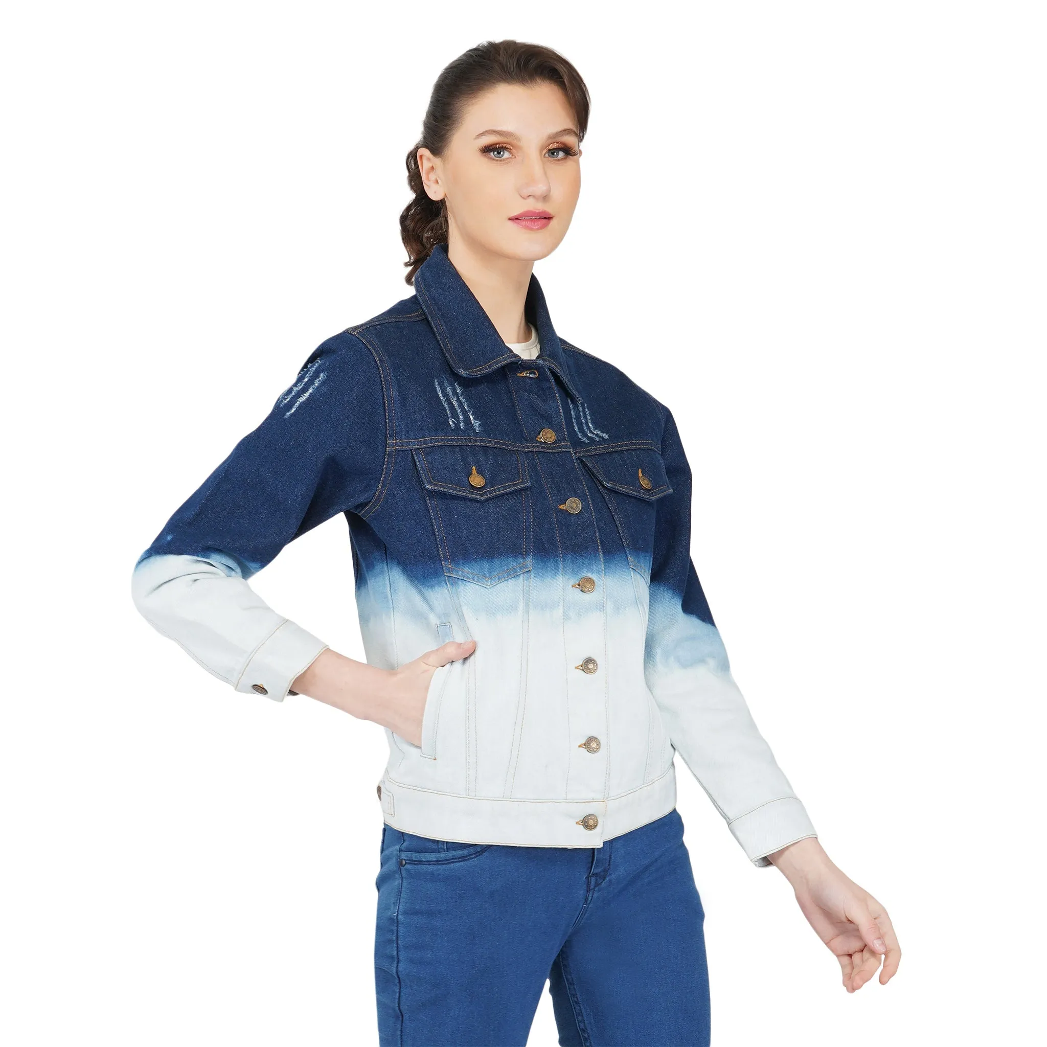 SLAY. Women's Ombre Effect Ripped Denim Jacket