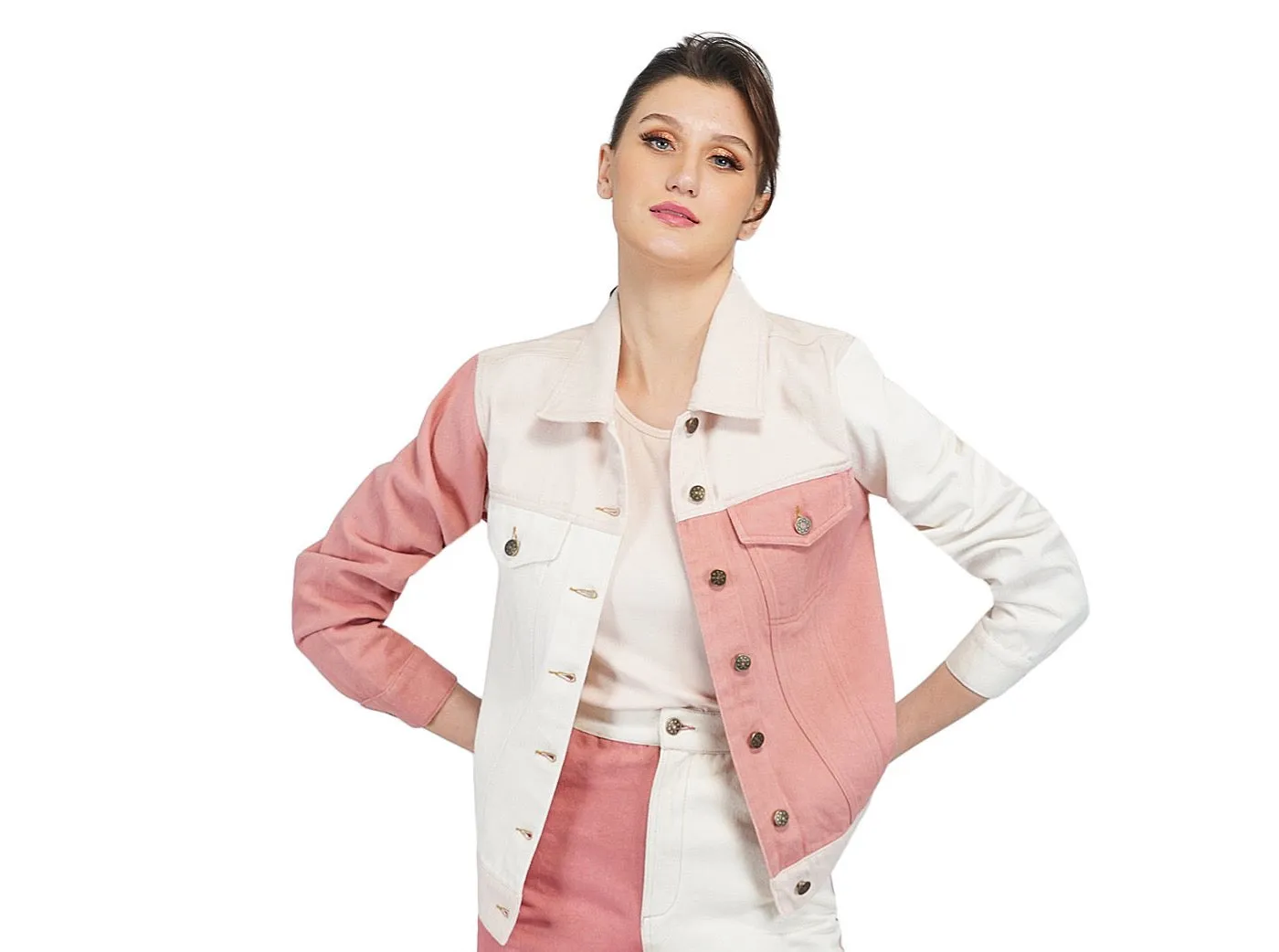 SLAY. Women's Pink & White Colorblock Denim Jacket